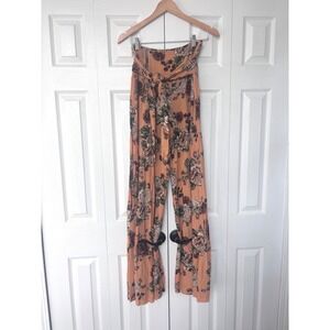 Boho Floral Wide Leg High Waisted Flowy Pants Terracotta Smocked Waist Small NWT